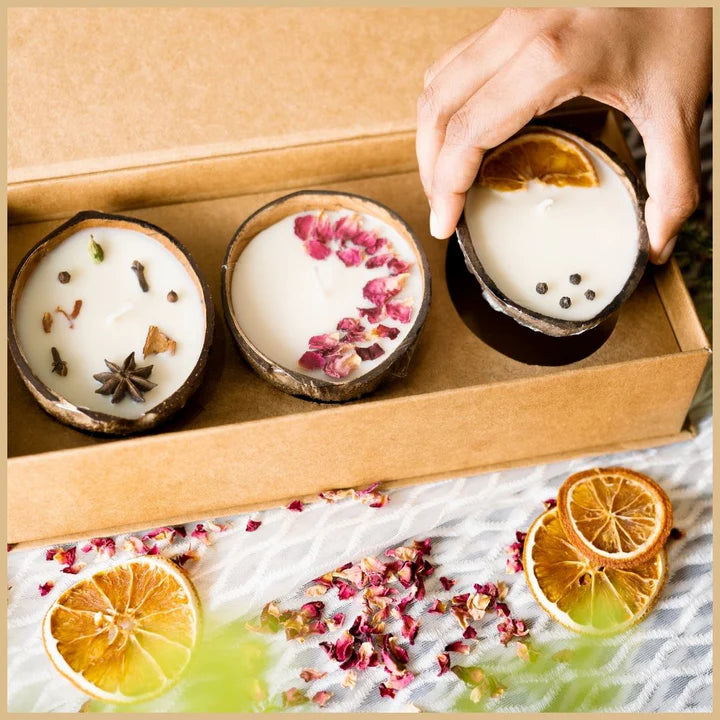 Thenga Eco-Friendly Scented Candles Gift Set - Box of 3 Candles | Spice, Rose & Orange Pepper Soy Wax Candles 100 gm