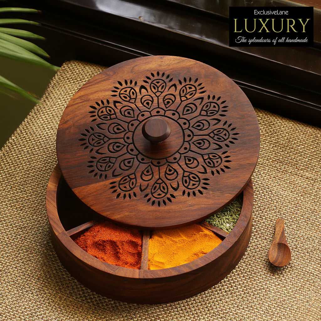 The Dancing Peacock, Hand Carved Spice Box With Spoon in Sheesham Wood (7 Partitions, 120 ml each)