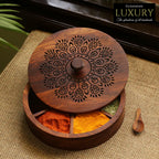 The Dancing Peacock, Hand Carved Spice Box With Spoon in Sheesham Wood (7 Partitions, 120 ml each)