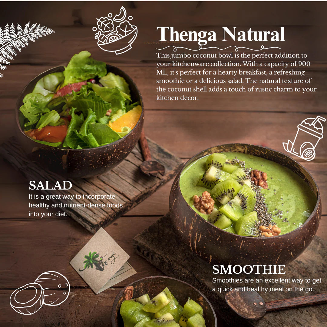 Thenga Coconut Shell Bowls - Salad Bowls, Smoothie Bowl & Serving Bowl - 900 ML (Set of 2)