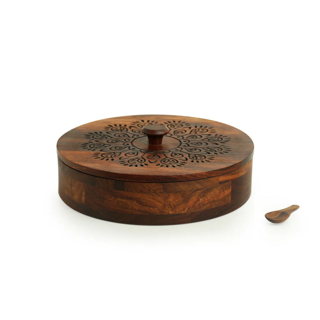 The Dancing Peacock, Hand Carved Spice Box With Spoon in Sheesham Wood (7 Partitions, 120 ml each)