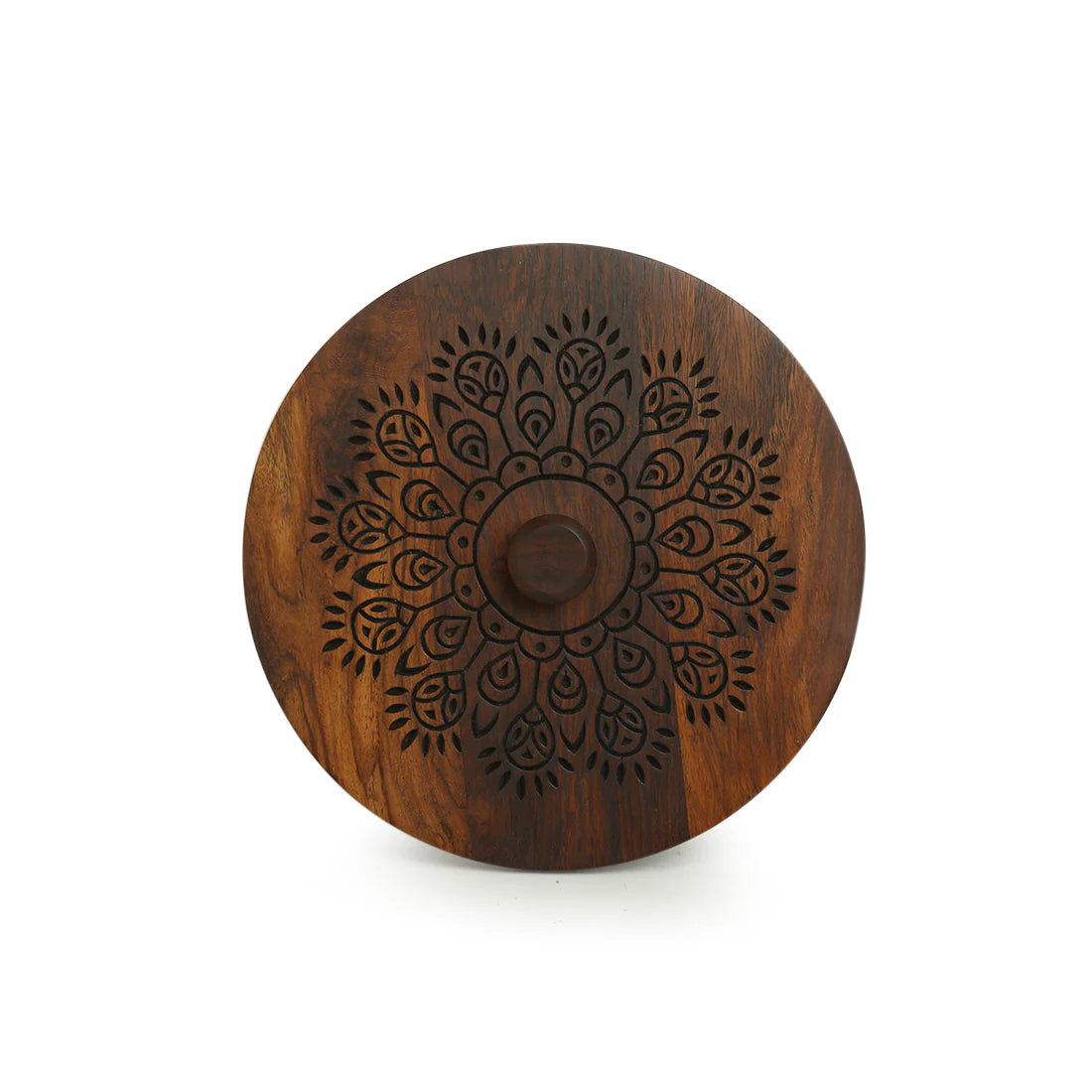 The Dancing Peacock, Hand Carved Spice Box With Spoon in Sheesham Wood (7 Partitions, 120 ml each)