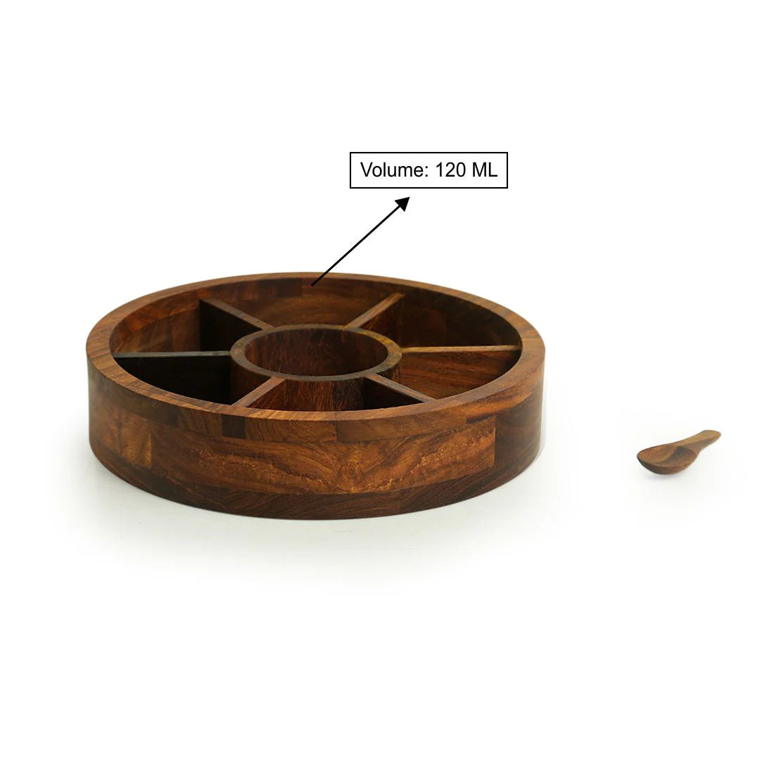 The Dancing Peacock, Hand Carved Spice Box With Spoon in Sheesham Wood (7 Partitions, 120 ml each)