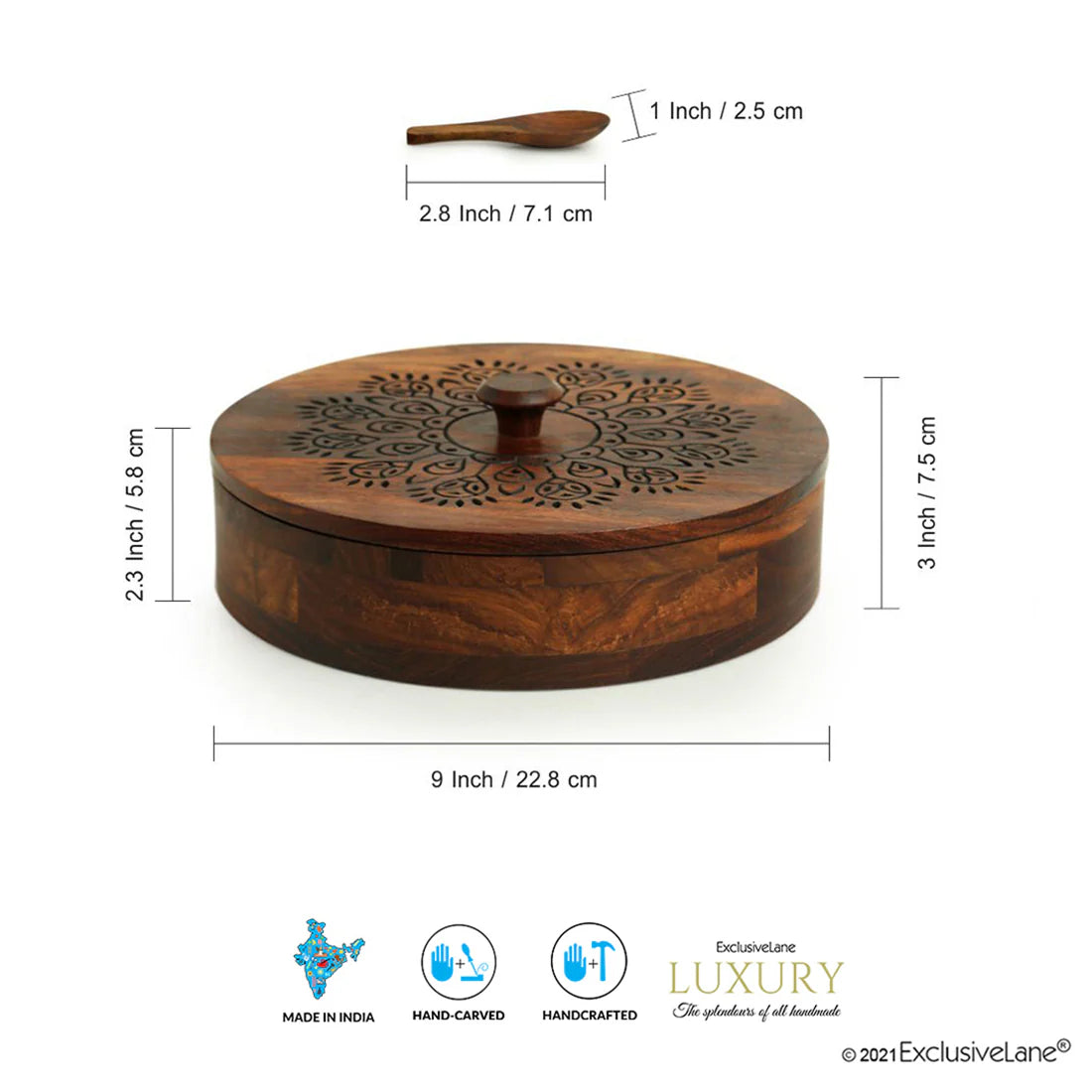 The Dancing Peacock, Hand Carved Spice Box With Spoon in Sheesham Wood (7 Partitions, 120 ml each)