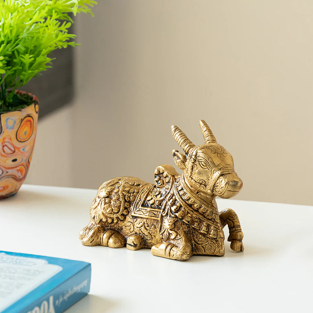 'Nandi' Carved Brass Showpiece Idol (Hand-Etched, 912 grams)
