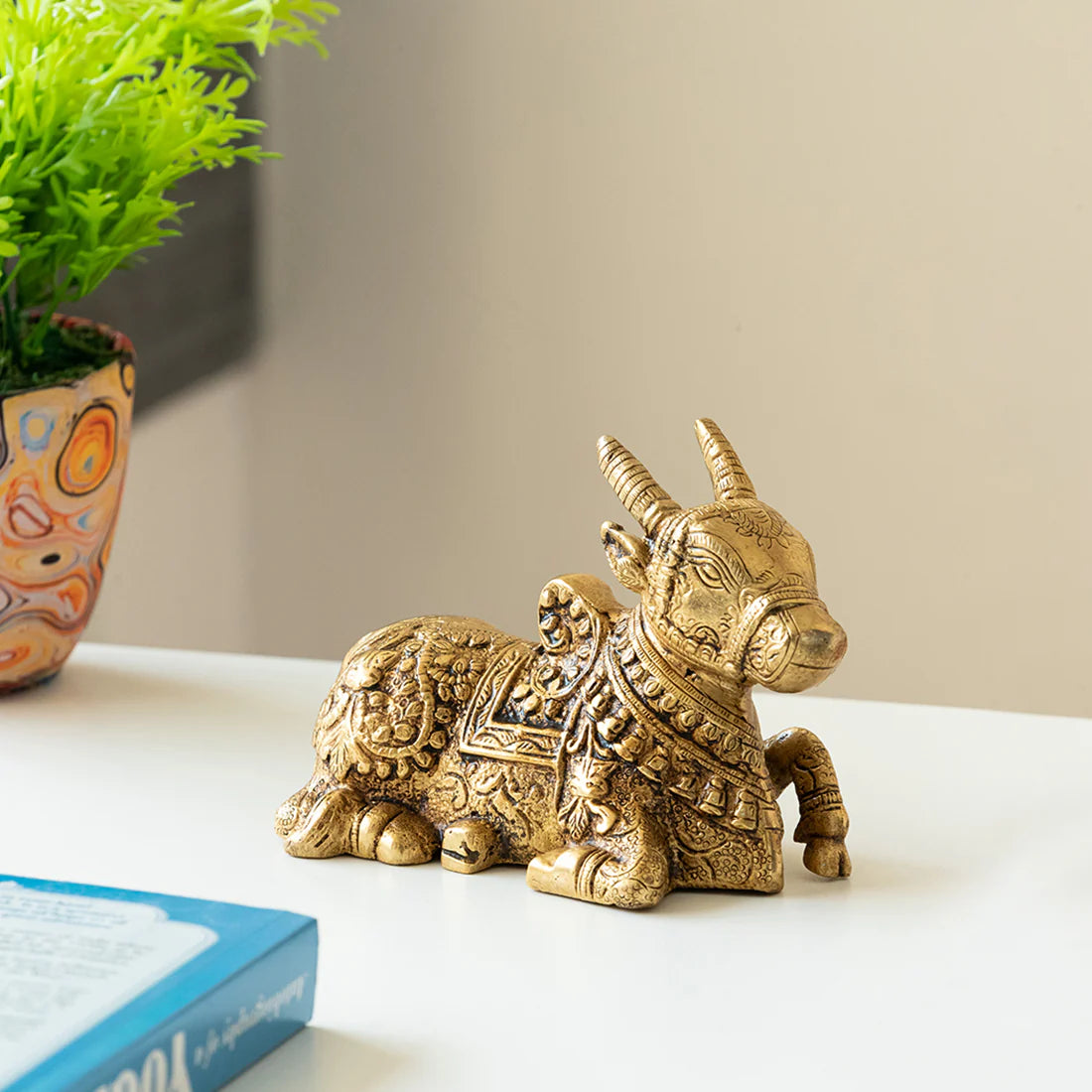 'Nandi' Carved Brass Showpiece Idol (Hand-Etched, 912 grams)