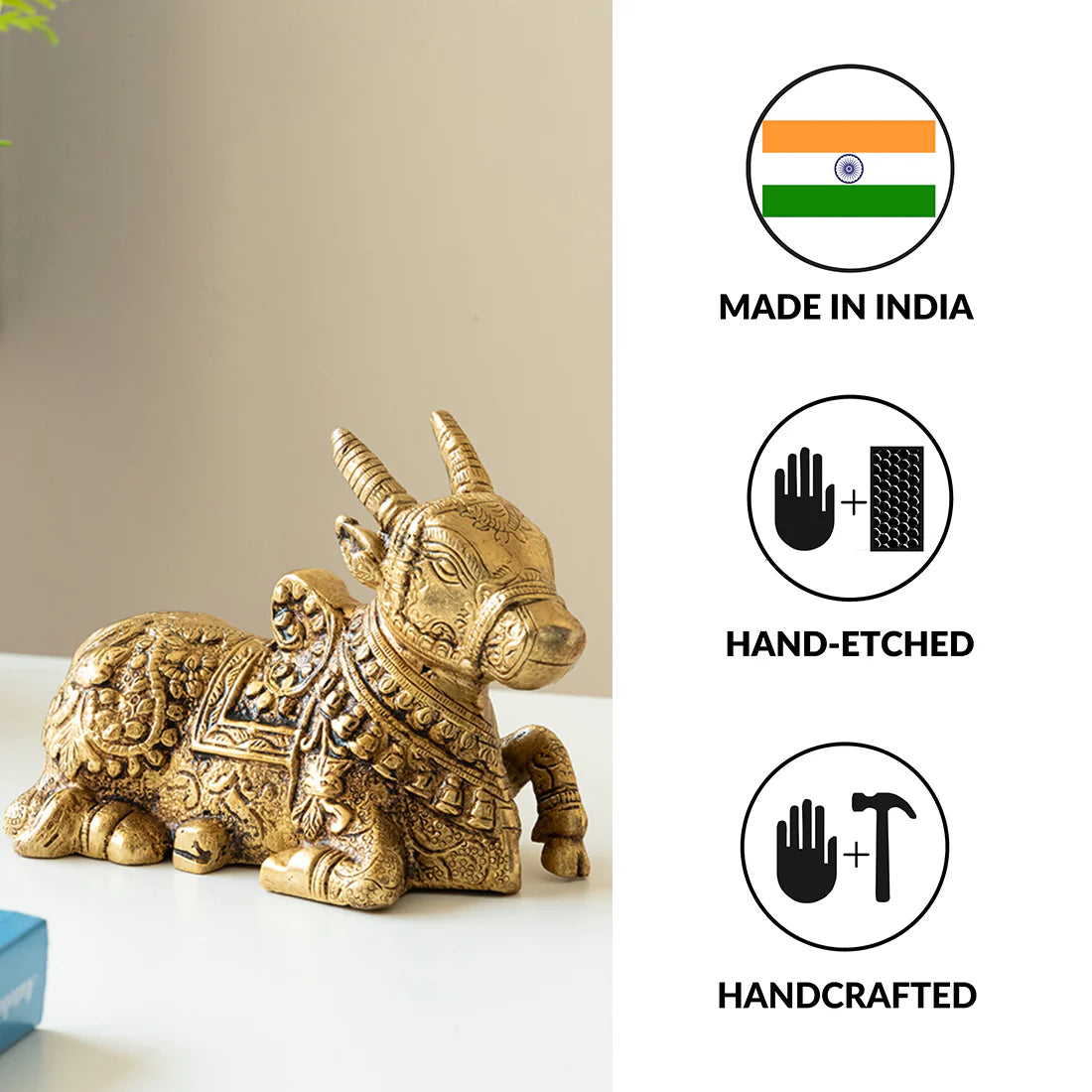 'Nandi' Carved Brass Showpiece Idol (Hand-Etched, 912 grams)
