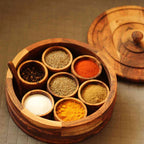 9 Inch Round Acacia Wood Spice Box / Container – with 7 solid wood containers (carved from single block, no joints)