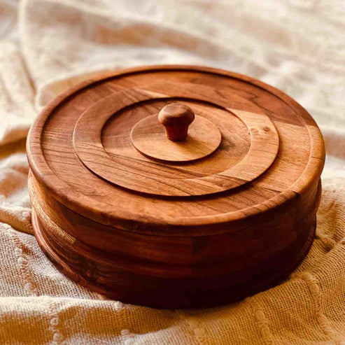 9 Inch Round Acacia Wood Spice Box / Container – with 7 solid wood containers (carved from single block, no joints)